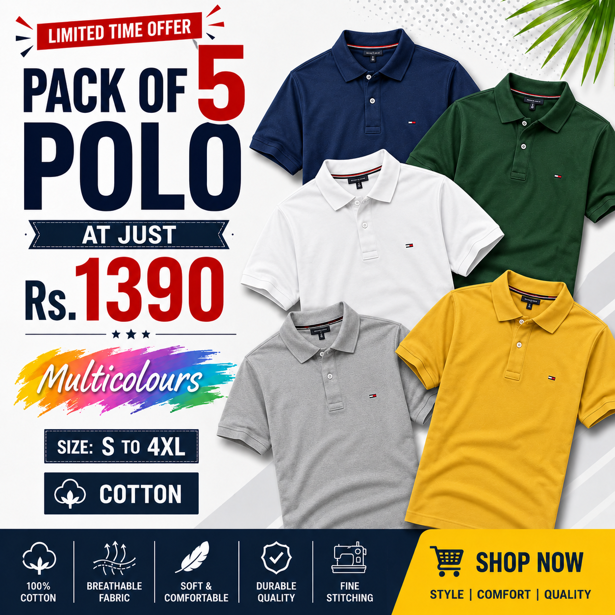 New Poly Cotton Solid Half Sleeves Mens Polo T-Shirt(Pack of 5)