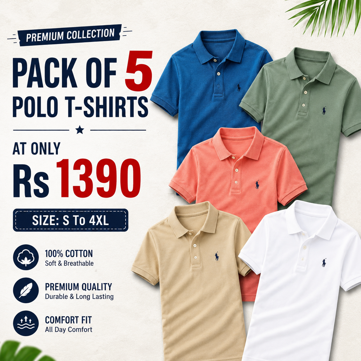 Premium Poly Cotton Solid Half Sleeves Mens Polo T-Shirt (Pack of 5)