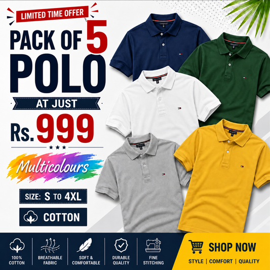 Iconic Poly Cotton Solid Half Sleeves Mens Polo T-shirt (Pack of 5)