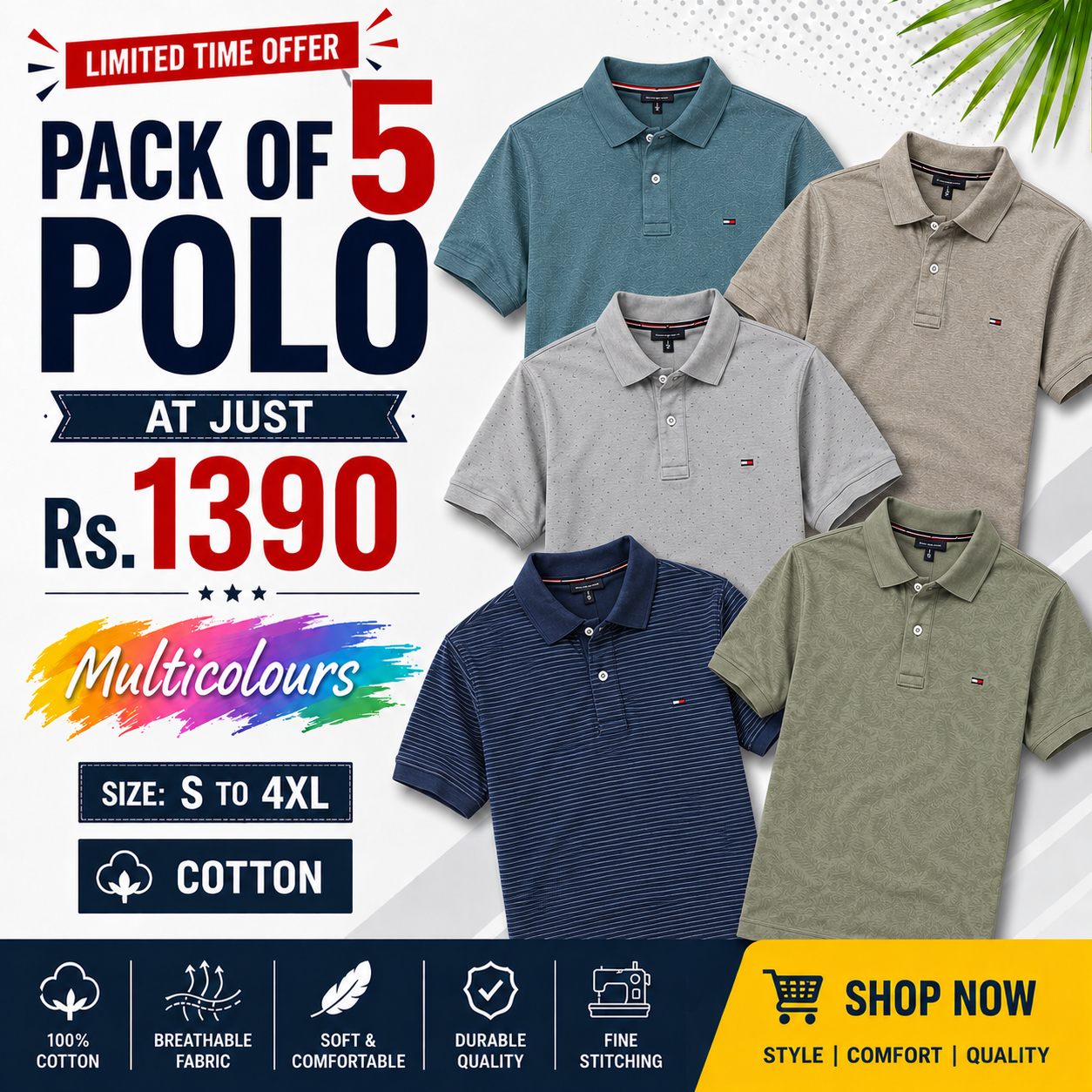 Iconic Poly Cotton Solid Half Sleeves Mens Polo T-shirt (Pack of 5)