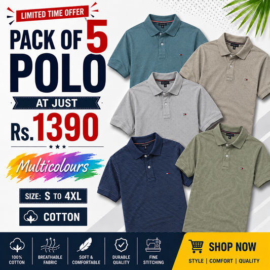 Iconic Poly Cotton Solid Half Sleeves Mens Polo T-shirt (Pack of 5)