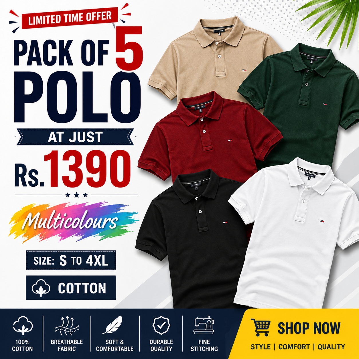 Stylish Poly Cotton Solid Half Sleeves Mens Polo T-Shirt (Pack of 5)