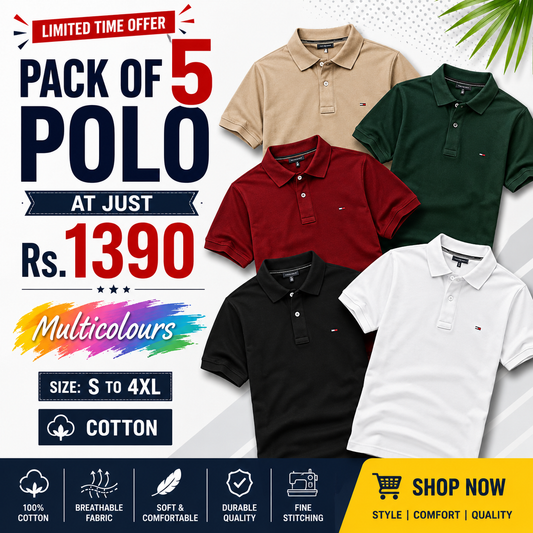 Stylish Poly Cotton Solid Half Sleeves Mens Polo T-Shirt (Pack of 5)