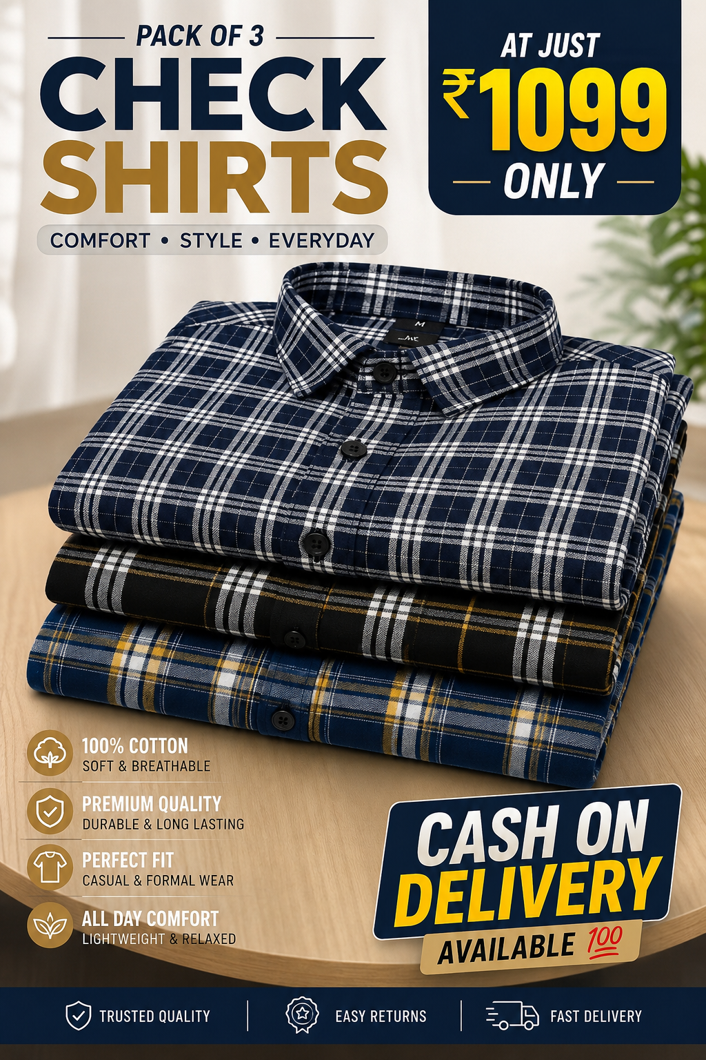 Muticoloured Cotton Checkered Shirts (Pack of 3)