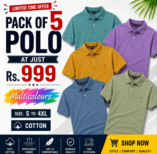 Festive Poly Cotton Solid Half Sleeves Mens Polo T-Shirt(Pack of 5)