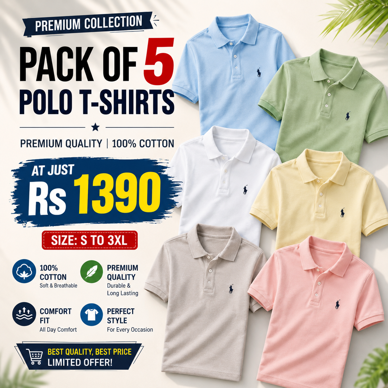New Pack of 5 Polo Tshirts (assorted color)