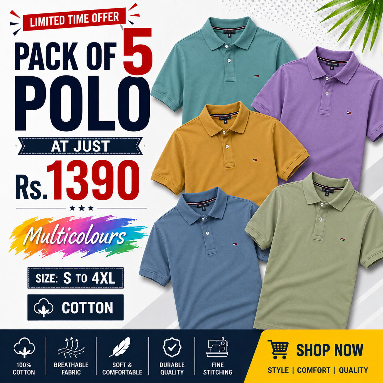 Festive Poly Cotton Solid Half Sleeves Mens Polo T-Shirt(Pack of 5)