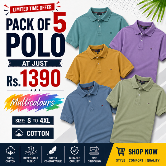 Festive Poly Cotton Solid Half Sleeves Mens Polo T-Shirt(Pack of 5)