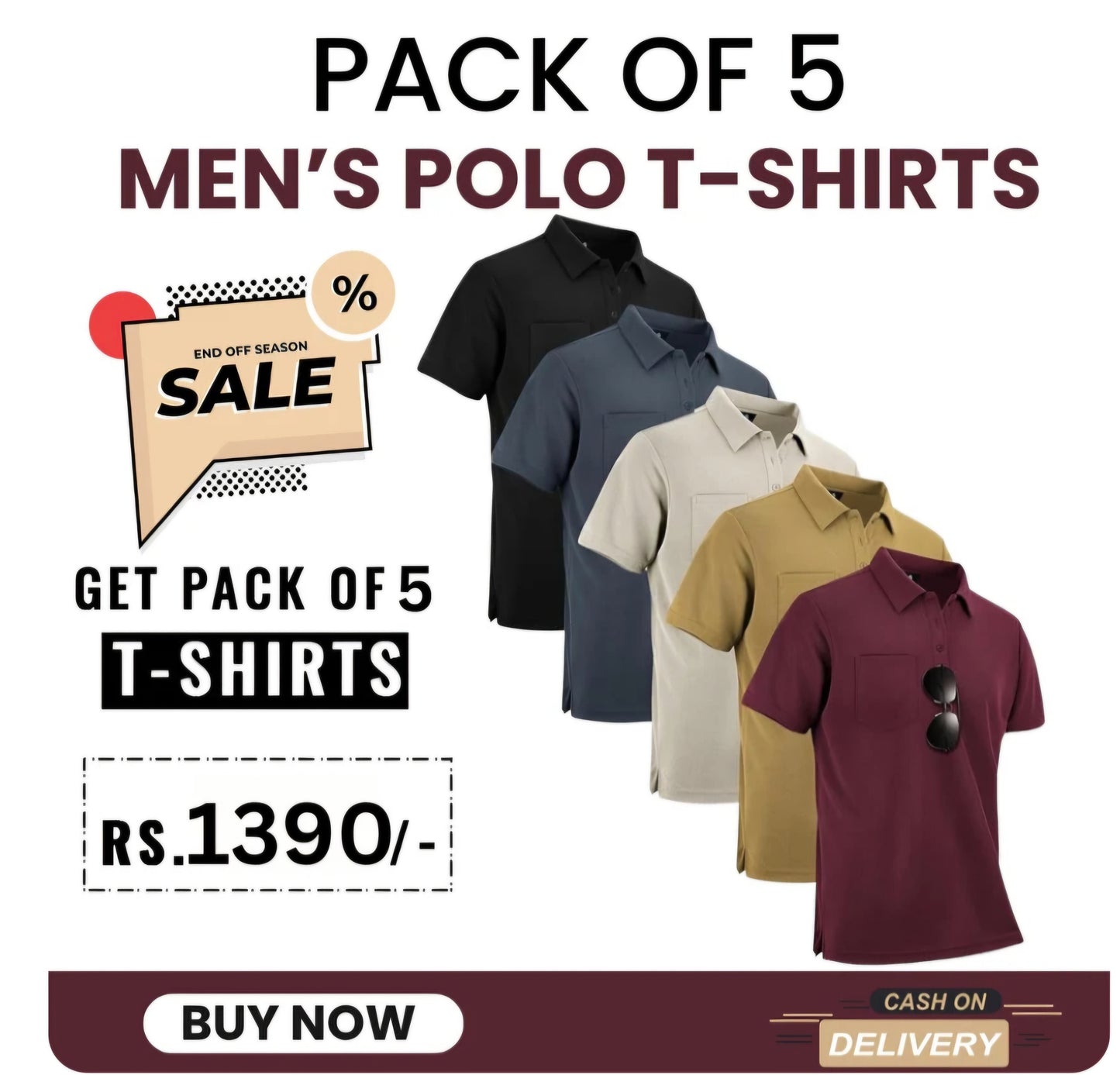 Men's Solid Polo T-shirt (Pack of 5)